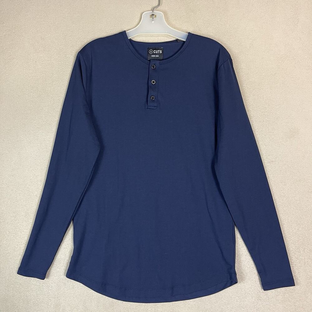 CUTS Clothing Shirt Mens S Blue Henley Long Sleeve Curve Hem‎ Pyca Pro Stretch